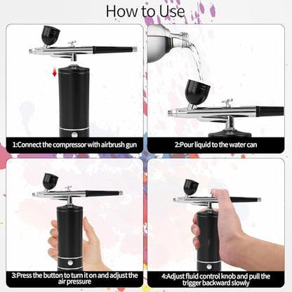Airbrush Kit Air Brush Kit With Air Compressor Nail Charms Wireless Air Brush for Barber, Nail Art, Makeup, Model Painting (Black) - color: Black