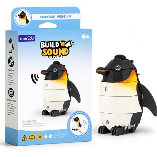 MierEdu Build 'N' Sound 3D Puzzle for Kids, Animal Puzzle with Sound Module, Educational STEM Craft Kit, FSC Paper Model Building Toy Gift for Ages 6+ - color: Emperor Penguin