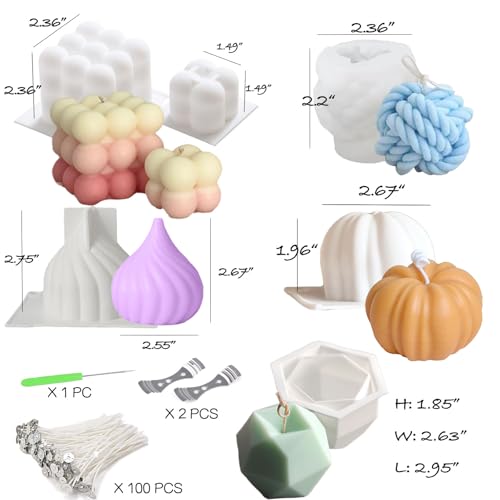6pcs Silicone Candle Making Molds Kit Set, 3D Silicone Mold for Baking Desser, Soy Wax, Soap Geometric Pumpkin Shapes Yarn Ball Bubble Cube Molds DIY Scented Candle