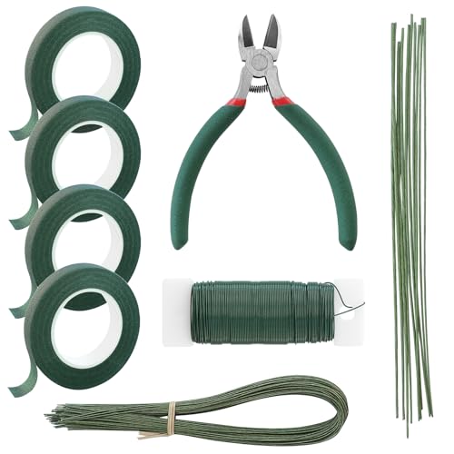 Floroom Floral Tape and Wire Kit with Cutter, 26 & 18 Gauge Stem Wire, 22 Gauge Paddle Wire, Flower Arrangement Tool Set for DIY Crafts, Bouquets, Florist Making & Supplies, Green