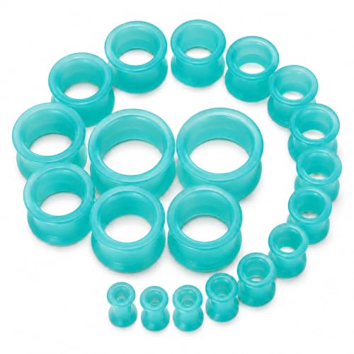 Oyaface 20 PCS Piercing Tunnel Set Soft/Hard Silicone Flesh Ear Plugs 2g-25mm Flexible Ear Stretching Gauge Expander - color: Turquoise