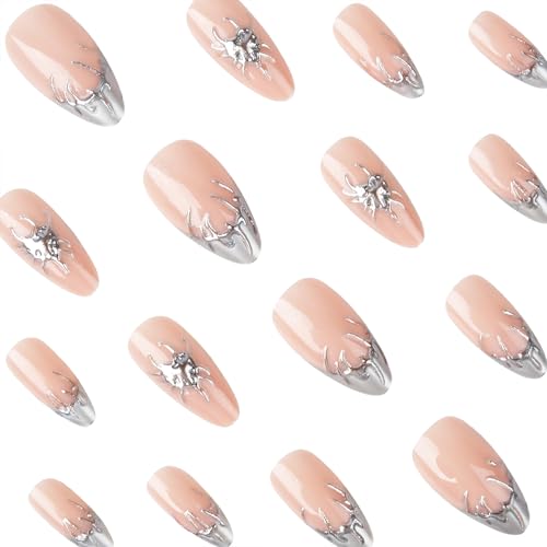 Silver French Tip Press on Nails Medium Almond Fake Nails with 3D Designs Gothic Full Cover Glue on Nails Reusable Glossy Y2K Silver Metal Acrylic False Nails for Women 24Pcs