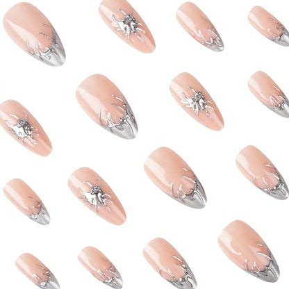 Silver French Tip Press on Nails Medium Almond Fake Nails with 3D Designs Gothic Full Cover Glue on Nails Reusable Glossy Y2K Silver Metal Acrylic False Nails for Women 24Pcs