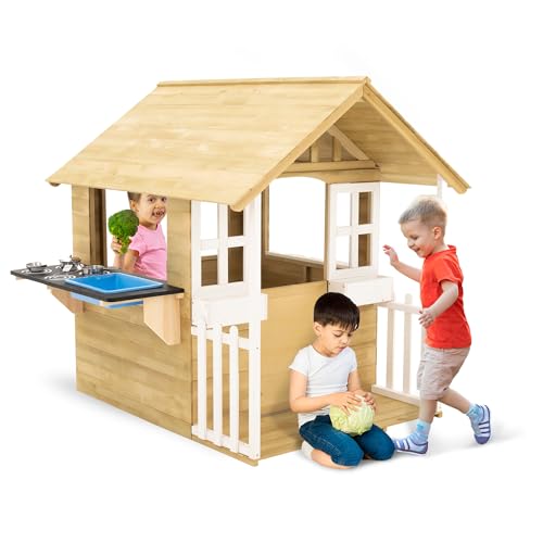 TP Toys Outdoor Kids Kitchen Playset Wooden Playhouse for Kids - Toddler Pretend Play Kitchen, Accessories, Sturdy, Weatherproof, Door, Windows, Sink, Wood Burner Stencils, Easy Assembly, Ages 3+ - style: Wooden Playhouse