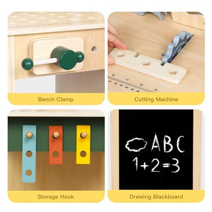 OOOK Kids Tool Bench，Wooden Toddler Workbench with Tools Set，Large Storage Wooden Tool Workbench for Kids Age 3-5，Pretend Play Construction Set Gift for Boys Girls
