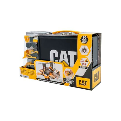CAT Construction Toys, Store N Go Playset - Tin Travel Case Transforms into Multi-Level Worksite, Includes 2 Little Machines Vehicles & 10 + Accessories, Portable STEM Toy for Kids Ages 3 + - style: Compound Store N Go Playset