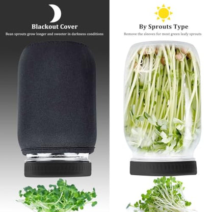Kitmiido Organic Seed Sprouting Jar Kit – 2 × 32 oz Wide-Mouth Mason Jars with Stainless-Steel Sprouter Lids & Stand, Blackout Sleeves, Drain Tray – Grow Broccoli, Alfalfa & Bean Microgreens - color: Black