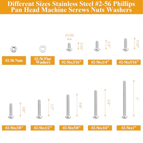 254 Pieces #2-56 x 3/16", 1/4", 5/16", 3/8", 1/2", 5/8", 3/4", 1", Phillips Pan Head Machine Screws Nuts Washers Assortment Kit - size: #2-56, style: Phillips Pan Head