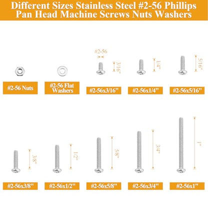 254 Pieces #2-56 x 3/16", 1/4", 5/16", 3/8", 1/2", 5/8", 3/4", 1", Phillips Pan Head Machine Screws Nuts Washers Assortment Kit - size: #2-56, style: Phillips Pan Head