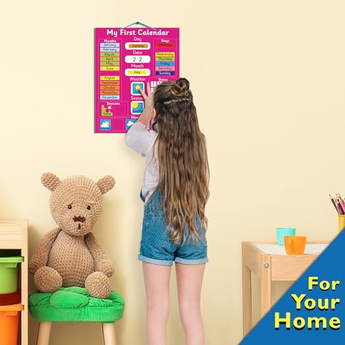 My First Magnetic Pink Calendar for Kids, Rigid Board (40x32 cm) plus Easy Hanging Loop, Days of the Week, Date & Month of the Year, Weather & Seasons, Suitable for learning at Home or in a Classroom - color: Pink