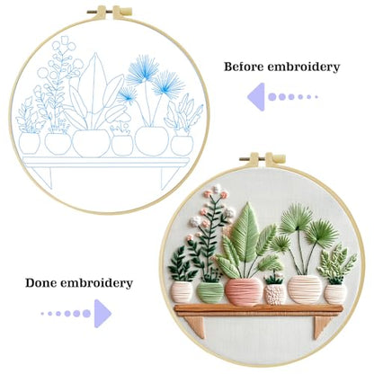 Full Range Embroidery Kit for Adult, Green Plant Pattern Embroidery Kit for Beginners Include Embroidery Cloth Hoops Threads for Craft Lover Hand Stitch with Embroidery Skill Techniques (Plant1) - color: Plant1