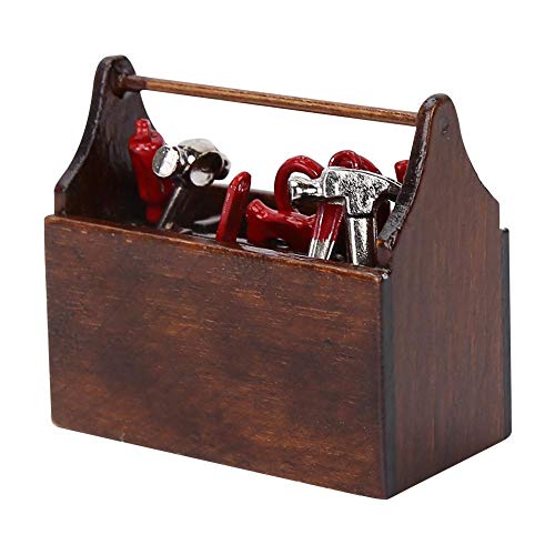 Doll House Toolbox,Eecoo Miniature Tool Box Wooden Toolbox Model for 1/12 Doll House Accessories with 8PCS Metal Tools Set