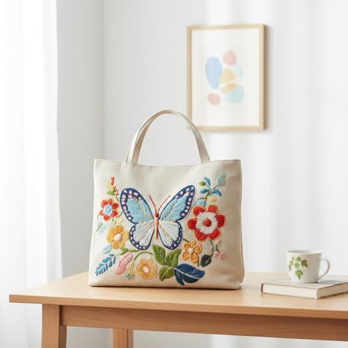 ARTopet 2Pcs Embroidery Tote Bag Kit for Beginners Butterfly Canvas Cross Stitch Handbag with Hoops Needles Threads Reusable Grocery Bag for Women-02 - color: 2Pcs-02