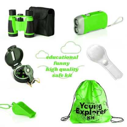 Outdoor Adventure Kit for Kids: Binoculars, Compass, Magnifying Glass & Flashlight. 3-12 Year Old Boys & Girls (Green) (Green) - color: Green