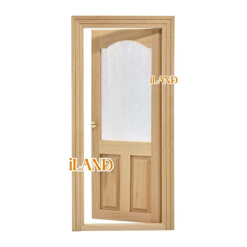 iLAND Dollhouse Door on 1 12 Scale, Unfinished Paintable Wooden Door w/ 3D Windowpane Reflecting Rainbow Light & Golden Metal Handles, Miniature Building Supplies Dollhouse Furniture & Decor - style: Classic Door w/ 3D Acrylic Windowpane
