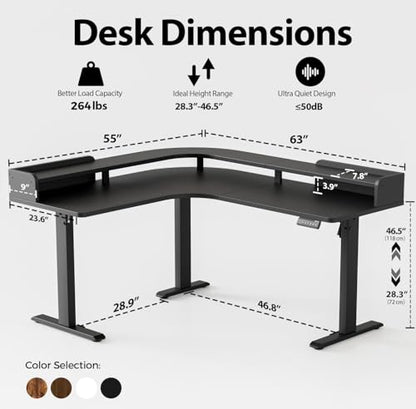 Agilestic L Shaped Standing Desk with Monitor Shelf, 63 Inch, Black - color: Black, size: 63x55 Inch with shelf