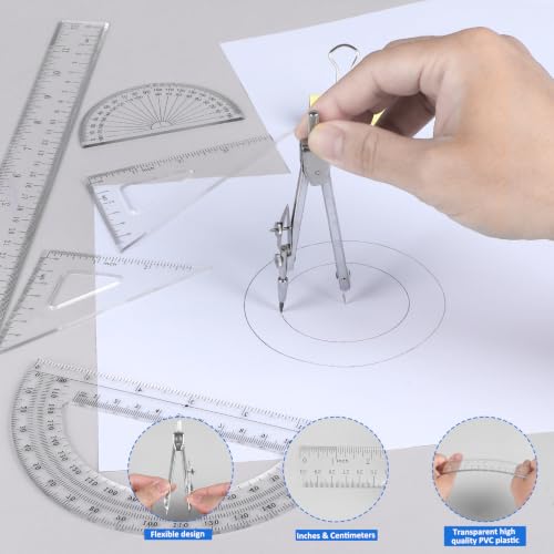 Coopay 7 Pcs Geometry Kit with Ruler, Triangle Ruler, Protractor and Compass Set - size: 7 Pcs set