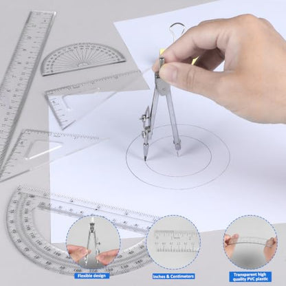 Coopay 7 Pcs Geometry Kit with Ruler, Triangle Ruler, Protractor and Compass Set - size: 7 Pcs set