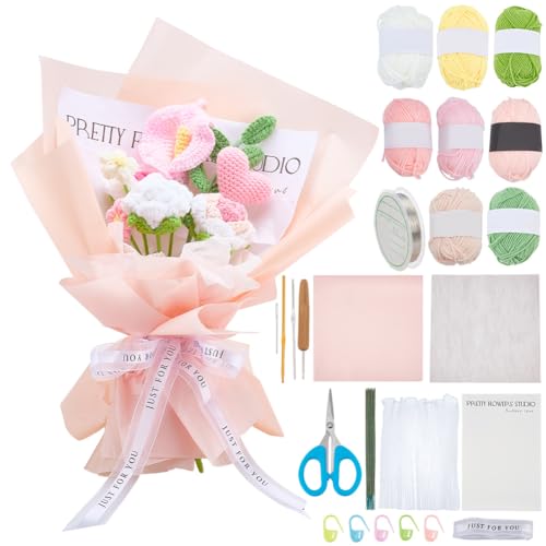 INFUNLY 15 Set Valentine's Day Crochet Flower Bouquet Kit Pink White DIY Crochet Rose Kit for Beginners Handmade Artificial Knitted Bouquet with Step-by-Step Tutorial for Wedding Bridal Decor - style: Pink Tulips Roses
