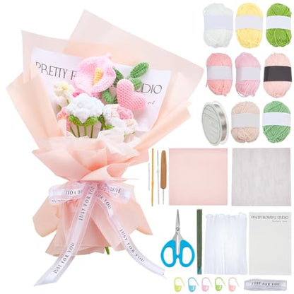 INFUNLY 15 Set Valentine's Day Crochet Flower Bouquet Kit Pink White DIY Crochet Rose Kit for Beginners Handmade Artificial Knitted Bouquet with Step-by-Step Tutorial for Wedding Bridal Decor - style: Pink Tulips Roses