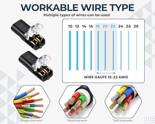 50Pcs Double Wire Plug in Connector 2 Pin with Pliers (18-22AWG)