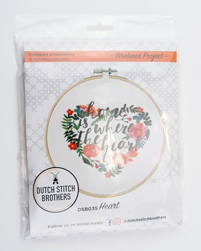 DUTCH STITCH BROTHERS Heart Embroidery Starter Kit with Pattern and Instructions. Stamped Embroidery Kits with Embroidery Clothes with Pattern. 6" Embroidery Hoop - color: DSB035 Stamped fabric
