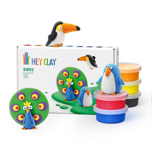 HEY CLAY Colorful Air Dry Clay Kit for Kids Modeling Gift Age 3+ (6 cans) - color: Birds: Toucan, Penguin, Peacock