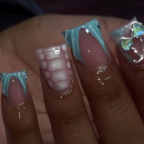 French Tip Press on Nails Duck Nails Press on Medium Fake Nails with 3D Water Ripple Designs Glue on Nail Charms Full Cover Glossy False Nails for Women Acrylic Nail 24Pcs - color: Style-A4