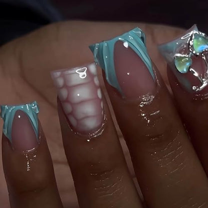 French Tip Press on Nails Duck Nails Press on Medium Fake Nails with 3D Water Ripple Designs Glue on Nail Charms Full Cover Glossy False Nails for Women Acrylic Nail 24Pcs - color: Style-A4