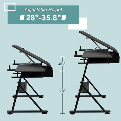 ZENY Adjustable Drafting Table with Stool Tilting Drawing Desk Artist Table - color: Black