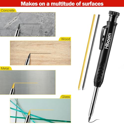 Hiboom Mechanical Carpenter Pencil with 7 Leads, Deep Hole Marker, Black - color: Black