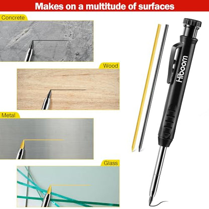 Hiboom Mechanical Carpenter Pencil with 7 Leads, Deep Hole Marker, Black - color: Black