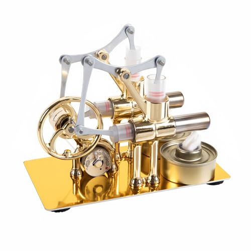 MagicTech Hot Air Stirling Engine Double Cylinder Electricity Power Metal Physics Assembly Model Golden JY38 - size: 6.3 x 3.43 x 4.6 Inch