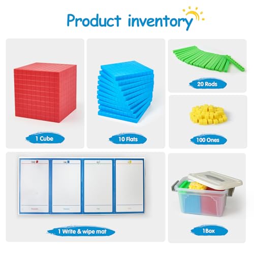 Math Manipulatives for Kids Aged 3+.Base Ten Blocks with Place Value Chart - Plastic Math Cubes to Help Educate Kindergarten Teachers.133 PCS