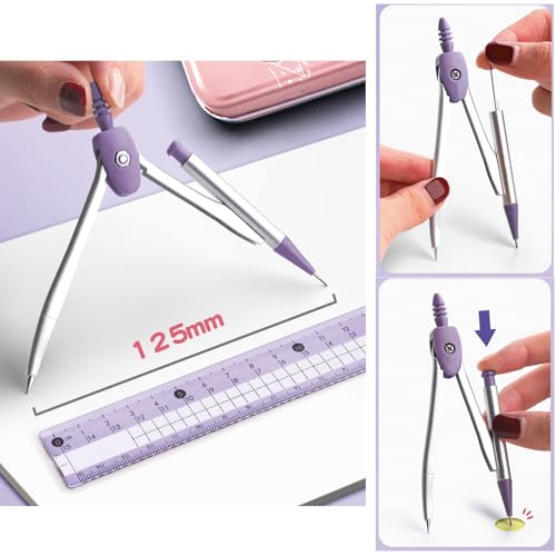 8 Pcs Purple Geometry Set Cute Compass Set with Maths Protractor Rulers, Math Set for Drawing Measuring Tools, Kawaii Ruler Kit for Class Women Girls School Supplies (Purple) - color: Purple