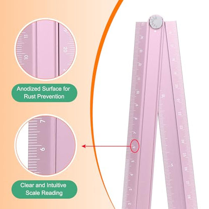 HARFINGTON 2pcs Folding Straight Ruler 30cm Metric Aluminum Alloy Protractor Foldable Angle Ruler Geometric Measure Tool with Angle Line for Architect Artist Office, Pink/Light Pink - color: Pink/Light Pink