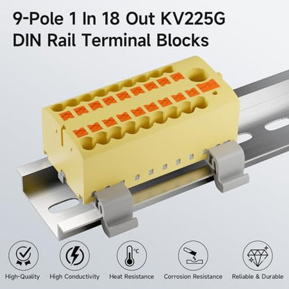 4Pcs KV225G DIN Rail Terminal Blocks, 9-Pole 1 in 18 Out Push-in - color: Red&Yellow&Blue&Grey-9P, size: 4 Pcs