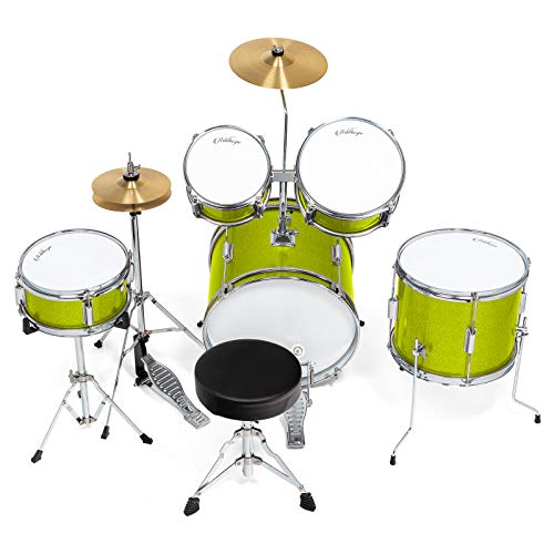 Ashthorpe 5-Piece Complete Kids Drum Set with Genuine Brass Cymbals - Junior Beginner Kit with 16" Bass, Throne, Hi-Hats, Pedals & Drumsticks - Green - color: Green