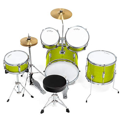 Ashthorpe 5-Piece Complete Kids Drum Set with Genuine Brass Cymbals - Junior Beginner Kit with 16" Bass, Throne, Hi-Hats, Pedals & Drumsticks - Green - color: Green