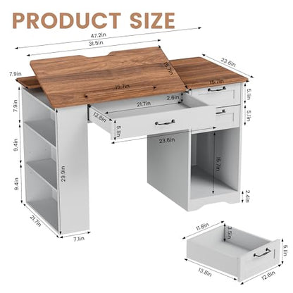 Drafting Table with Storage Cabinet & Drawers, Adjustable Drawing Table with Open Shelves, Craft Art Desk for Artists, Painters, Drawing, Crafting, Reading, Writing, Working - color: White