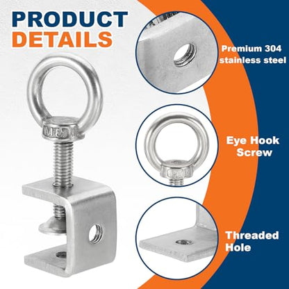 HARFINGTON 2 Pcs 304 Stainless Steel C Clamps 25mm Square Mini Tiger Clamp Adjustable Heavy Duty Metal U Clip with Eye Hook Screw for Woodworking Welding Mounting, Silver - size: 25mm