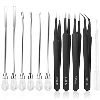 11 Pcs Resin Mold Tools Set Stirring Needle Spoon Tool Tweezers Precision Kit,Anti-Static Electronics Tweezers Set for Resin Art Crafts,Jewelry Making,DIY Silicone Epoxy Casting Resin Molds(White) - color: White & Black