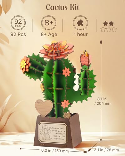 3D Puzzles for Adults, Cactus DIY Wooden Flowers Building Kit - style: Cactus