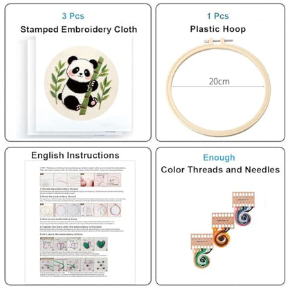 Konrisa Panda Embroidery Starter Kit for Beginners, Cross Stitch Kit with 3pcs Embroidery Pattern, DIY Sewing Project Adult Needlepoint Kit with Hoop, Set of 3 - color: panda