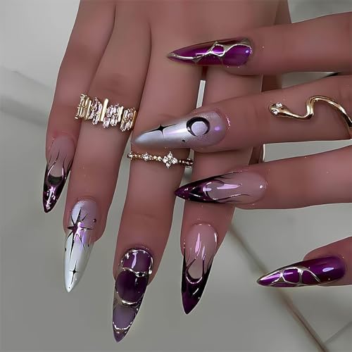 Purple Cat Eye Press on Nails Almond Shape Length Fake Nails Glossy Ombre False Nails with 3D Metal Irregular Lines Designs Acrylic Nail Press Ons Full Cover Glue on Nails for Women 24Pcs - color: Style16
