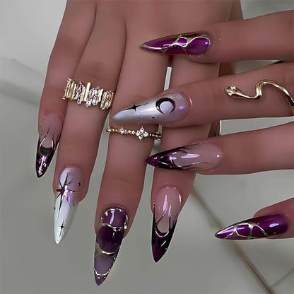 Purple Cat Eye Press on Nails Almond Shape Length Fake Nails Glossy Ombre False Nails with 3D Metal Irregular Lines Designs Acrylic Nail Press Ons Full Cover Glue on Nails for Women 24Pcs - color: Style16