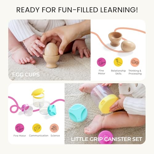 Tiny Land Montessori Toy Set for Babies 1 Year Old Thinker Play Kit- 5-in-1 Wooden Learning Toys with Peg Drop Box, Rocking Stacker, Egg Cup, Canister Set, and Crinkle Bag - style: 10-12M Educational Box
