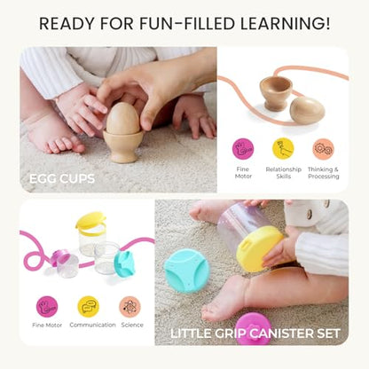 Tiny Land Montessori Toy Set for Babies 1 Year Old Thinker Play Kit- 5-in-1 Wooden Learning Toys with Peg Drop Box, Rocking Stacker, Egg Cup, Canister Set, and Crinkle Bag - style: 10-12M Educational Box