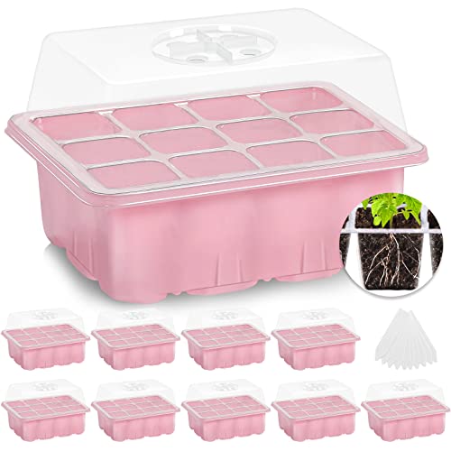 MIXC 10 Packs Seed Starter Tray ，Seed Starter Kit with Humidity Dome (120 Cells Total Tray) Seed Starting Trays Plant Starter Kit and Base Mini Greenhouse Germination Kit for Seeds Growing Starting - color: Pink, size: 12 Cell-10 Packs-Clear Cover