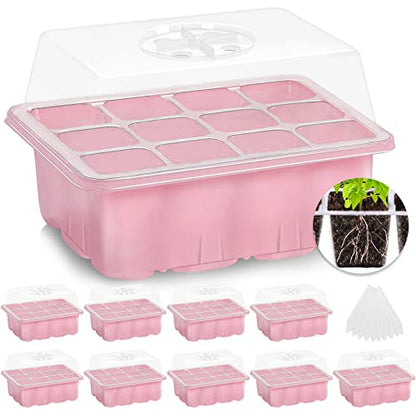 MIXC 10 Packs Seed Starter Tray ，Seed Starter Kit with Humidity Dome (120 Cells Total Tray) Seed Starting Trays Plant Starter Kit and Base Mini Greenhouse Germination Kit for Seeds Growing Starting - color: Pink, size: 12 Cell-10 Packs-Clear Cover